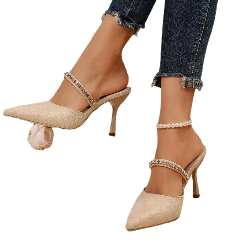 Women's Slippers Summer Footwear Fashion Crystal High Heels Sexy Thin Heels Party Shoes for Women Closed Toe Mules