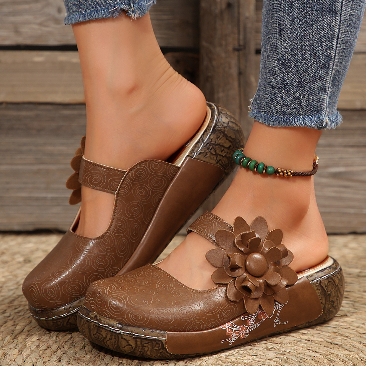 Summer 2024 New Baotou National Wind Pine Cake Bottom wer Platform Wedge Sandals for Slippers Women c0bf