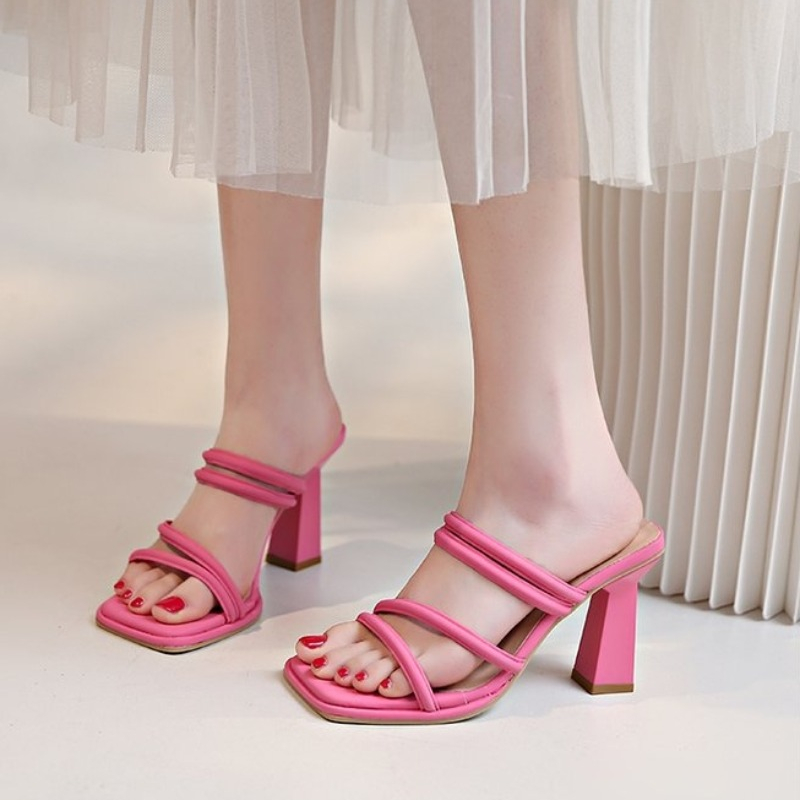 New New Summer Women's Slippers Square Toe Narrow Band Solid Casual Sandals Waterproof Block High Ladies Shoes 265c