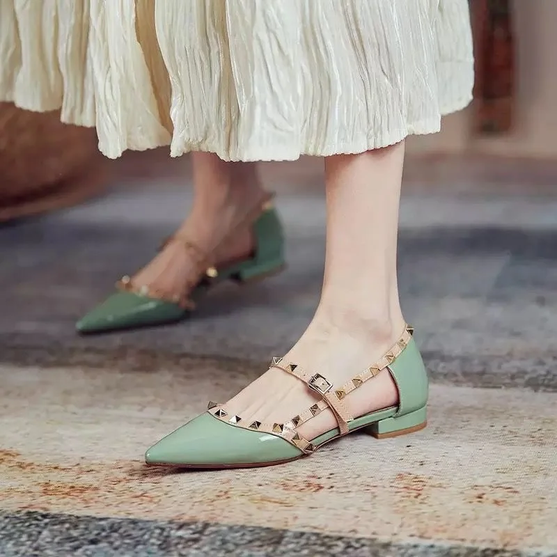 Ankle Strap Cut Out D'orsy Studded Rockstud Patent Leather Rivet Flats T-Strap Buckle Walking Soft Women Shoes Travel Size 35-40