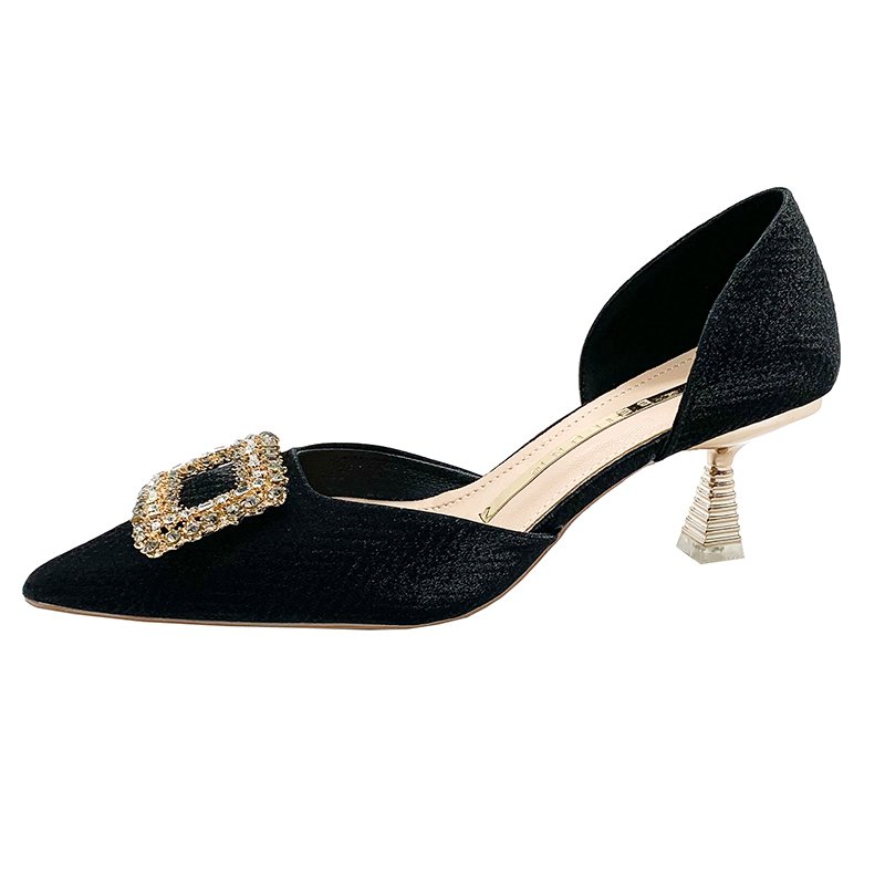Glitter Rhinestone Square Buckle Decor Party Prom Shoes Temperament Mid Hollow Pointed Toe Ladies Pumps Thin Heels High Heels