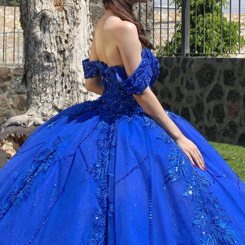 Royal Blue Shiny Ball Gown Quinceanera Dresses Off The Shoulder Appliques Lace Beads Tul Birthday Party Vestido De 15 Anos Sweet 16 Dress