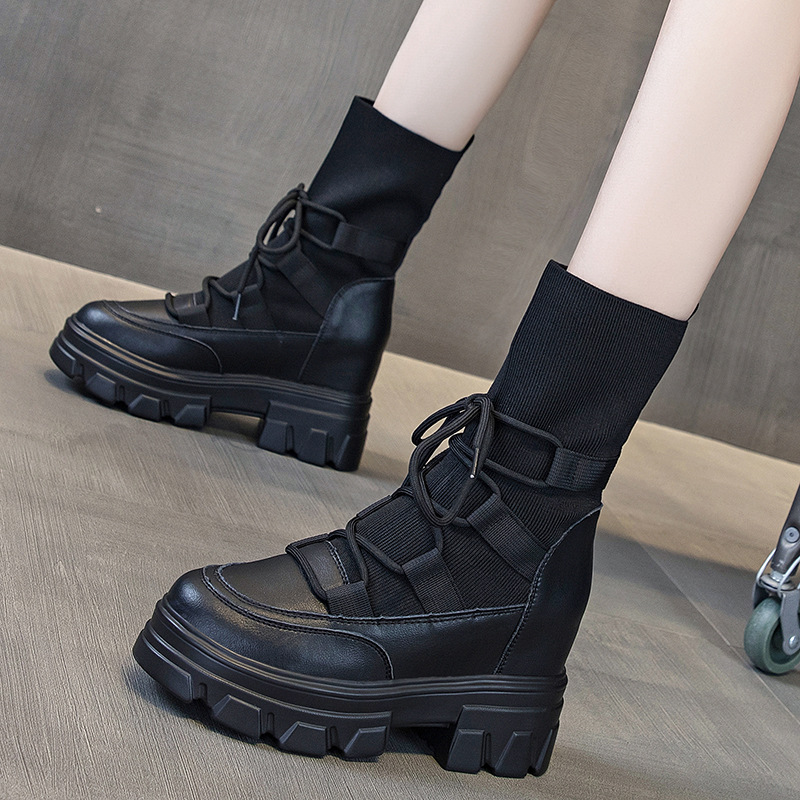 Fujin 8cm Thread Weave Synthetic Genuine Leather Snow Ankle Booties Platform Wedge Women Warm Autumn Winter Shoes Plush Boots