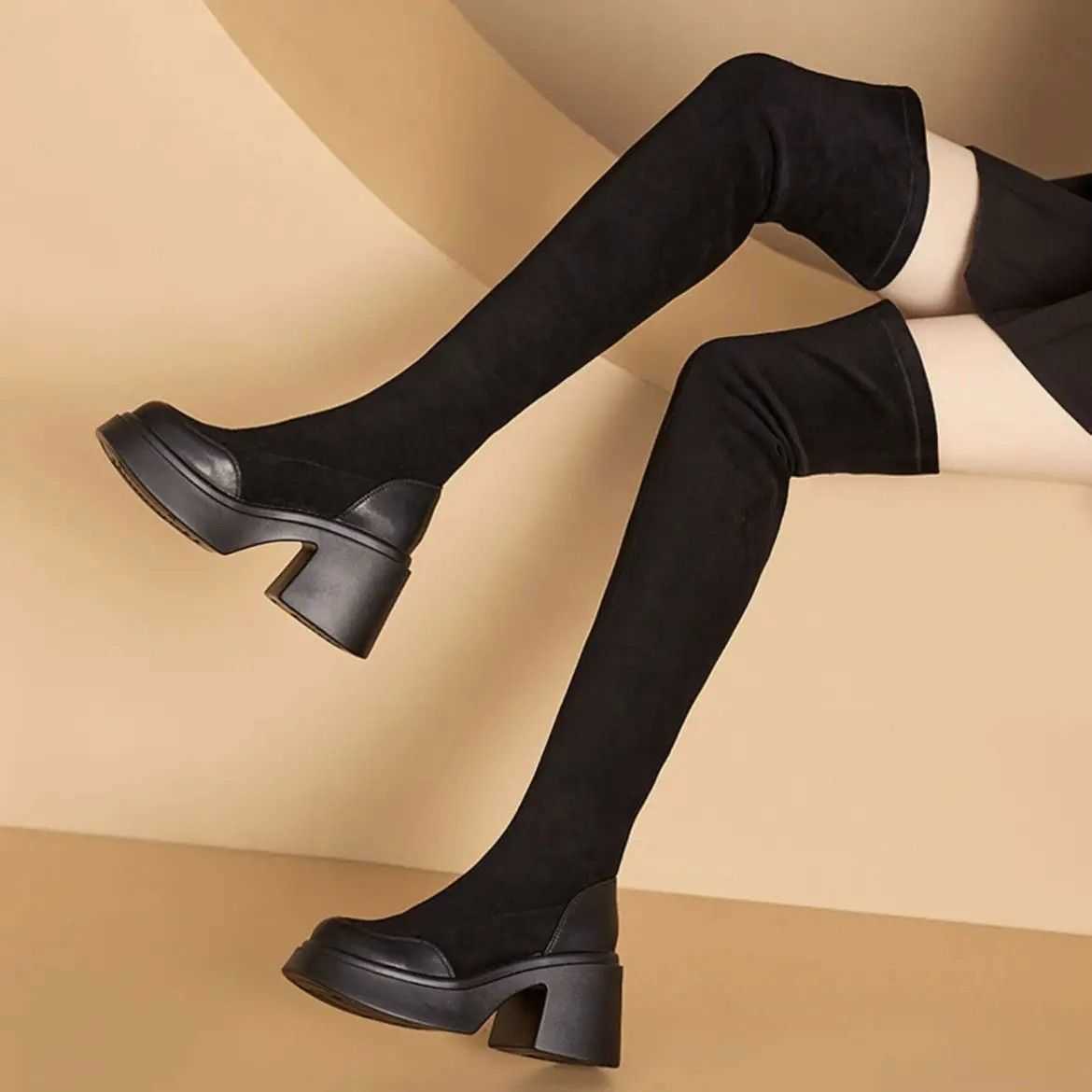 Long Knee High Martin Boots Leather For Women Bag Thigh Sponge Thick Soled Boots Fashionable High Cut High Heels Elastic Boots 240826