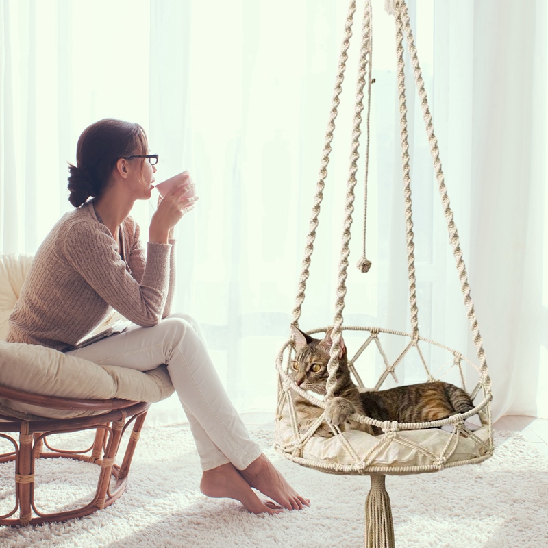 Pet Cat Hammock Swing Bed Bohemian Handwoven Tapestry Cotton Macrame for Home Outdoor Wall Hanging Without Cushion