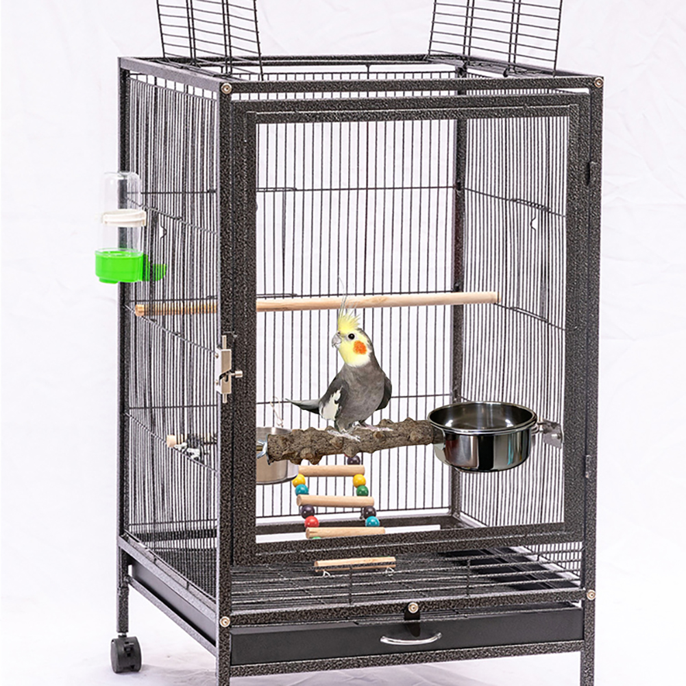 Bird Perch With Bird Feeding Cups Wood Parrot Platform Stand With Stainless Steel Food Water Bowl For Parrot Cockatiel Budgies