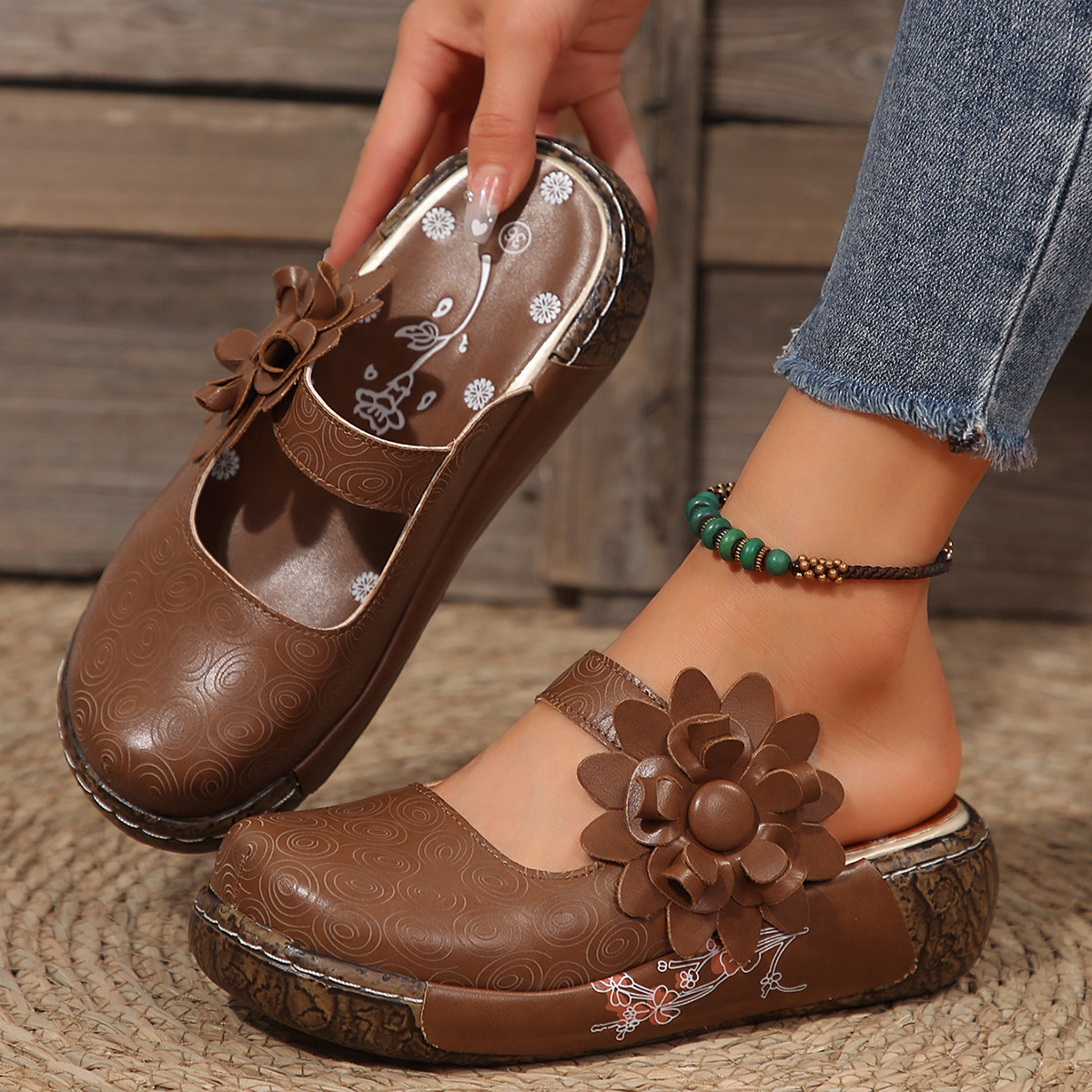 Summer 2024 New Baotou National Wind Pine Cake Bottom wer Platform Wedge Sandals for Slippers Women c0bf