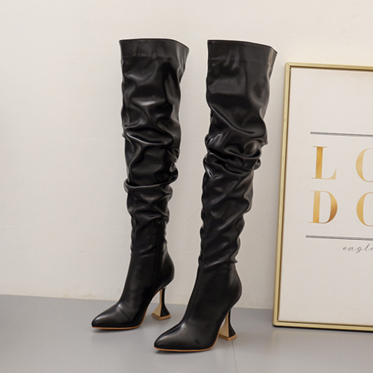Winter New Long Boots Women's Thin Heel Pointed White High Heel Knee Length Boots 35-42 Botas Femininas De Couro 2023