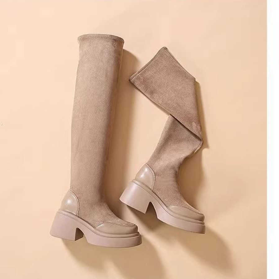 Long Knee High Martin Boots Leather For Women Bag Thigh Sponge Thick Soled Boots Fashionable High Cut High Heels Elastic Boots 240826