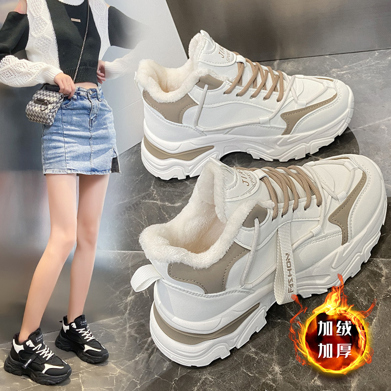 Winter Plus Veet Dad for Women's Korean Version Warm High-top Lace Up Sneakers Ladies Casual White Cotton Shoes