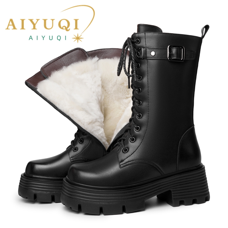 AIYUQI Women's Winter Shoes 2024 New Genuine Leather Women's Biker Boots Large Size Warm Platform Women's Snow Boots