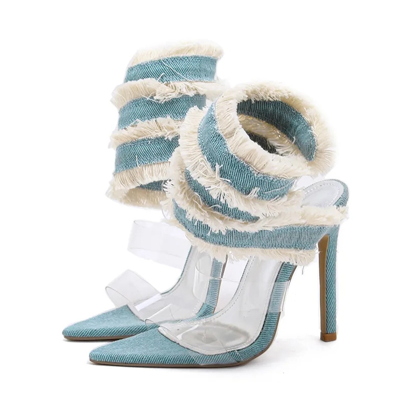 New 2024 Liyke New Design Denim Ankle Snake Surround Strap Sandal Women Transparent PVC Summer High Heels Party Stripper Shoes Pumps 1e25