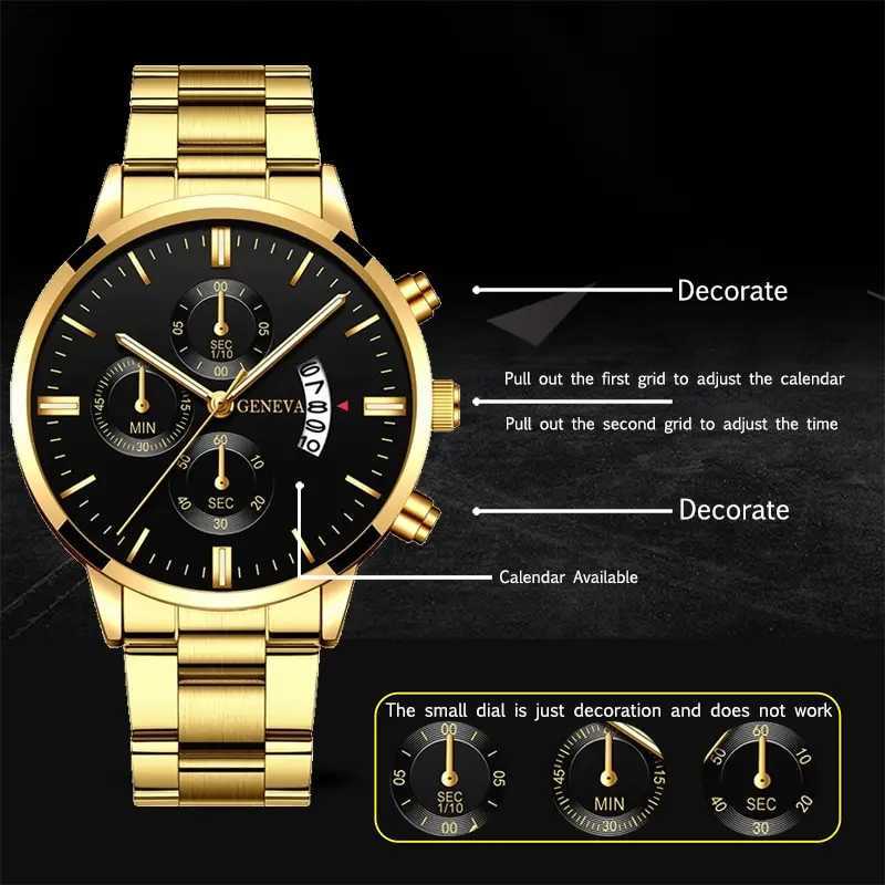 2023 Mens Gold Stainless Steel Luxury Calendar Quartz Wristband Mens Busan es for Man Clock Reloj Hombre W250104