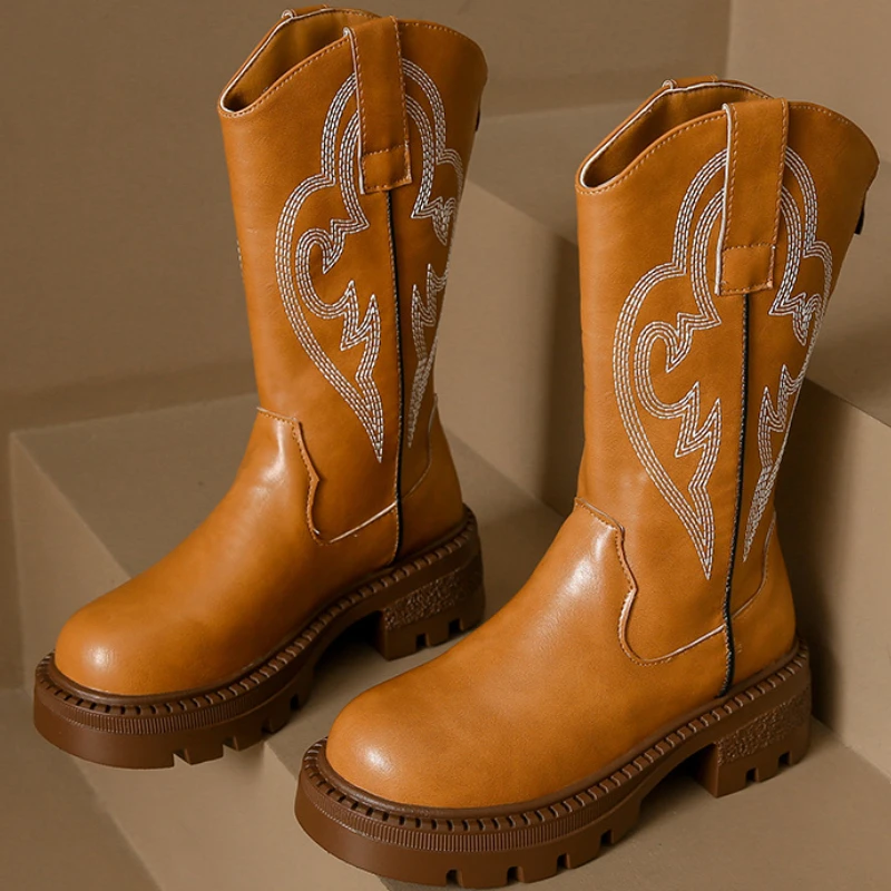 Embroidered Cowboy Boots for Women new round toe platform boots Retro Classic Western Cowgirl Boots Trendy Mid-Calf Boots 2024