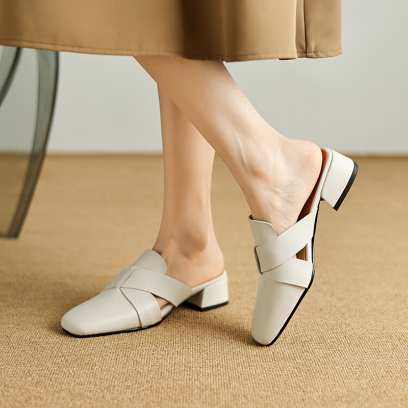 Summer NEW Mules Genuine Leather Shoes for Women Cover Chunky Heel Slippers Concise Square Toe Handmade Modern Sandals c320
