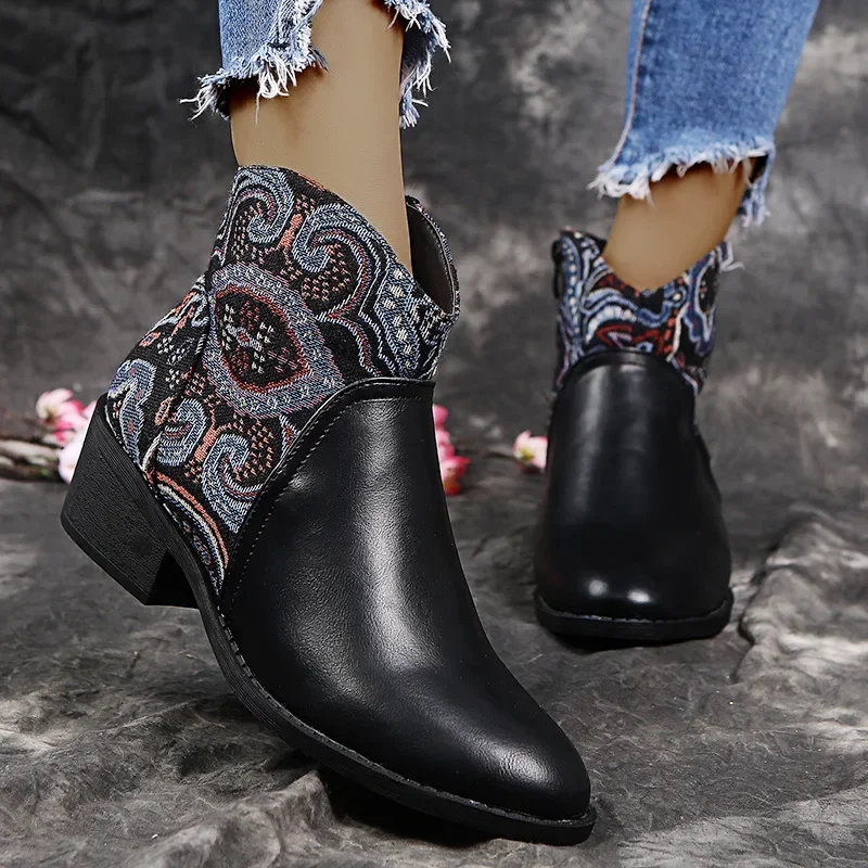 Women Retro Mid Heels Pointed Casual Ankle Boots Ethnic Autumn Flower Patterned Patchwork Short Boots Botas Mujer Booties Shoes