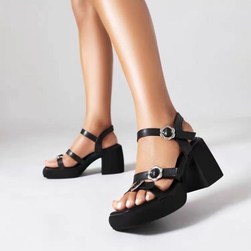 2025 new Elements Womens Retro Casual Pumps New Solid Color Thick High-heeled Fashion Buckle Sandals for Women 6338