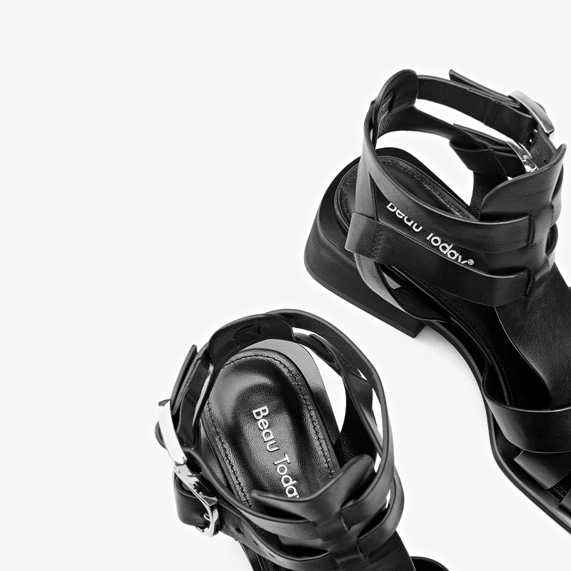 BEAUTODAY Gladiator Sandals Women Genuine Cow Leather Solid Black Crosses-strap Design Beach Ladies Shoes Handmade 33097