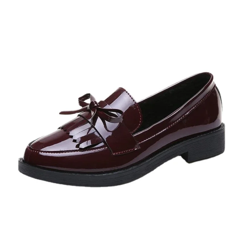 Women's Black Patent Leather Loafers Platform Slip on Shoes for Woman Autumn British Tassel Casual Bowknot Flats Shoes