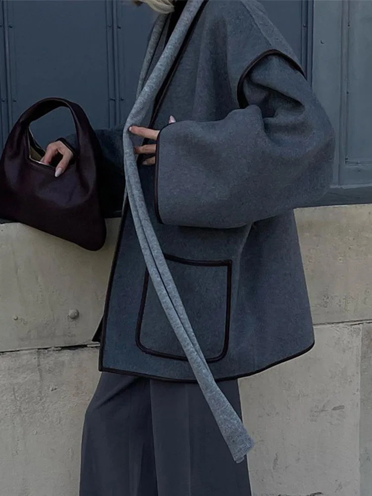 Vintage Grey Womens Coat with Belt Casual Loose Vneck Cardigan Jackets Fashion Windproof Women Coats Solid Color Jacket y240903