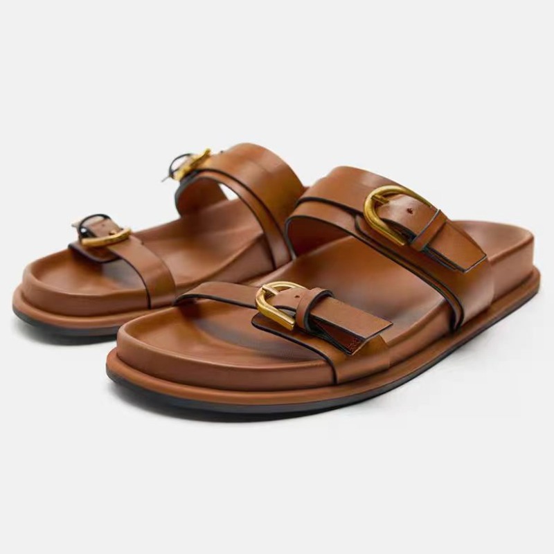 Thick Bottom Women Beach Slippers Outdoor Casual Flat Slides for Female Fashion Metal Buckle Soft Leather Ladies Roman Shoes