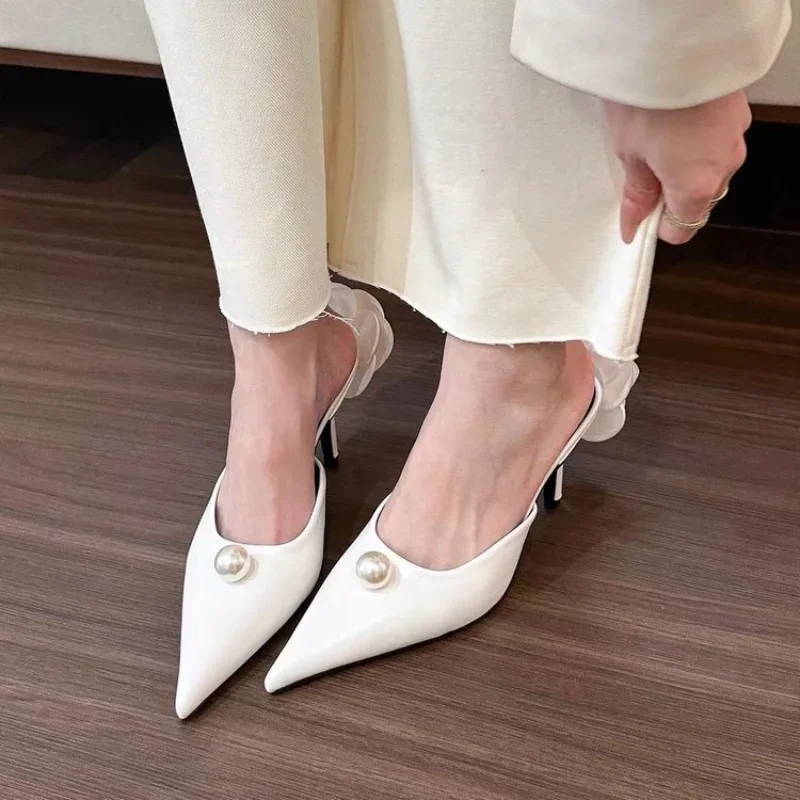 Fashion Pearl Solid Color Pumps Women Shoes Designer Back wer Pointed Toe Sexy Banquet High Heels atos De Mujer