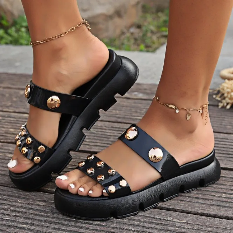 For Punk Black Women Studded Buckle Decor Flatform Slide Sandals Open Toe Summer Street Style Goth Shoes Beach Vacation 6a3f 50f
