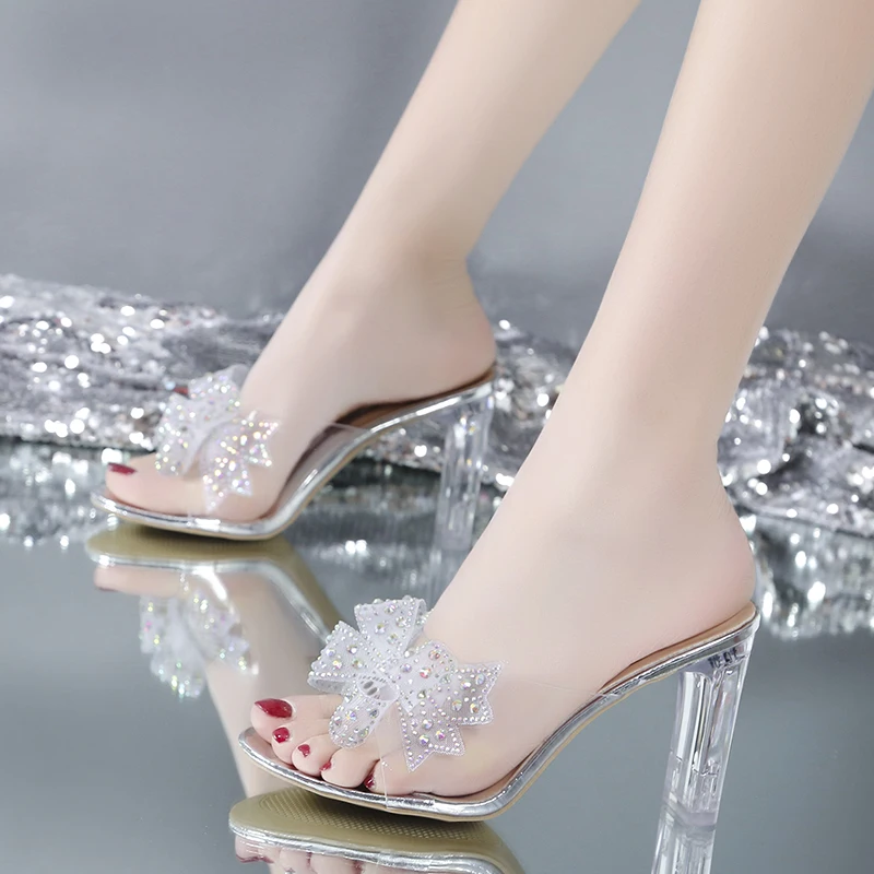 Summer Wind New Sandals Transparent Sexy Crystal High-heeled Outer Wear Net Red Thick Heel Comfortable Women's Shoes 3b3b