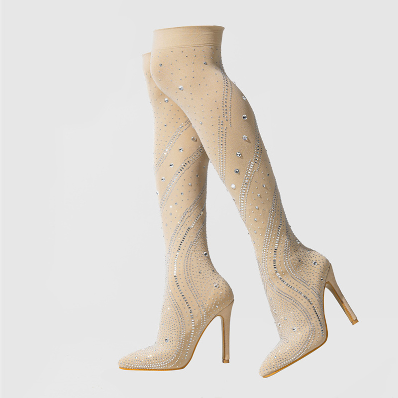 Liyke Designer Crystal Rhie Stretch Fabric Thigh High Boots Women Over The Knee Shoe Sexy Pointed Toe Stripper Heels Pumps