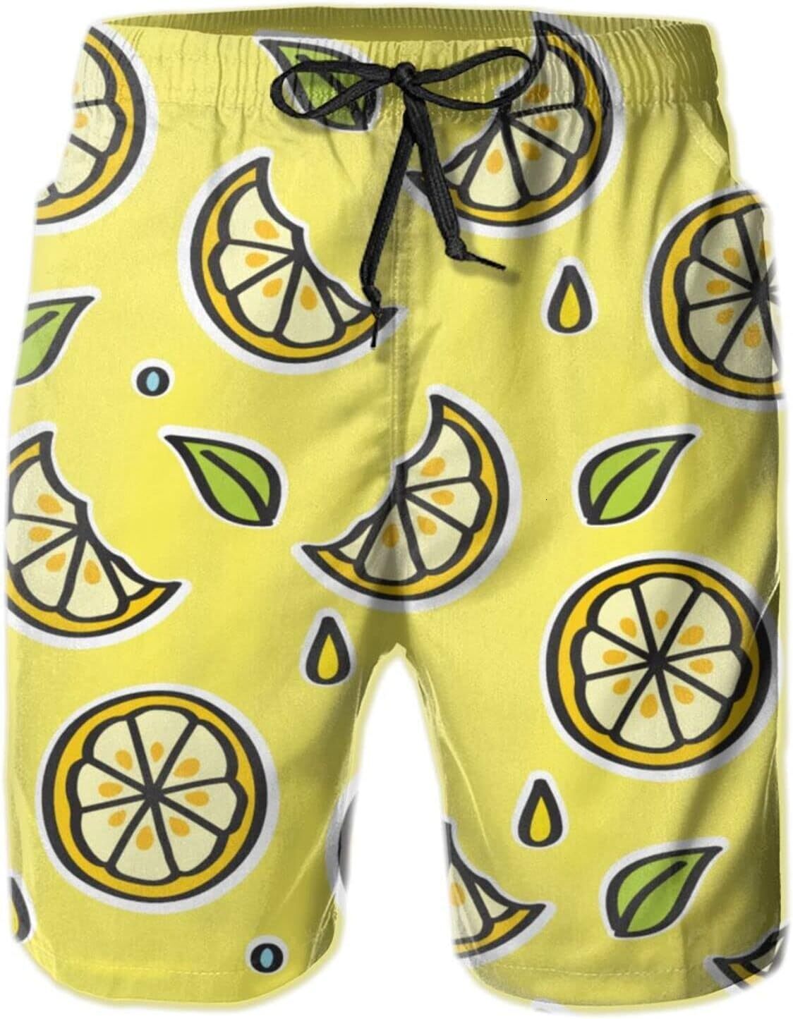Mens Shorts 3D Printed Pattern Yellow Lemon Slices Swim Trunks Quick Dry Print Beach Board Swimwear