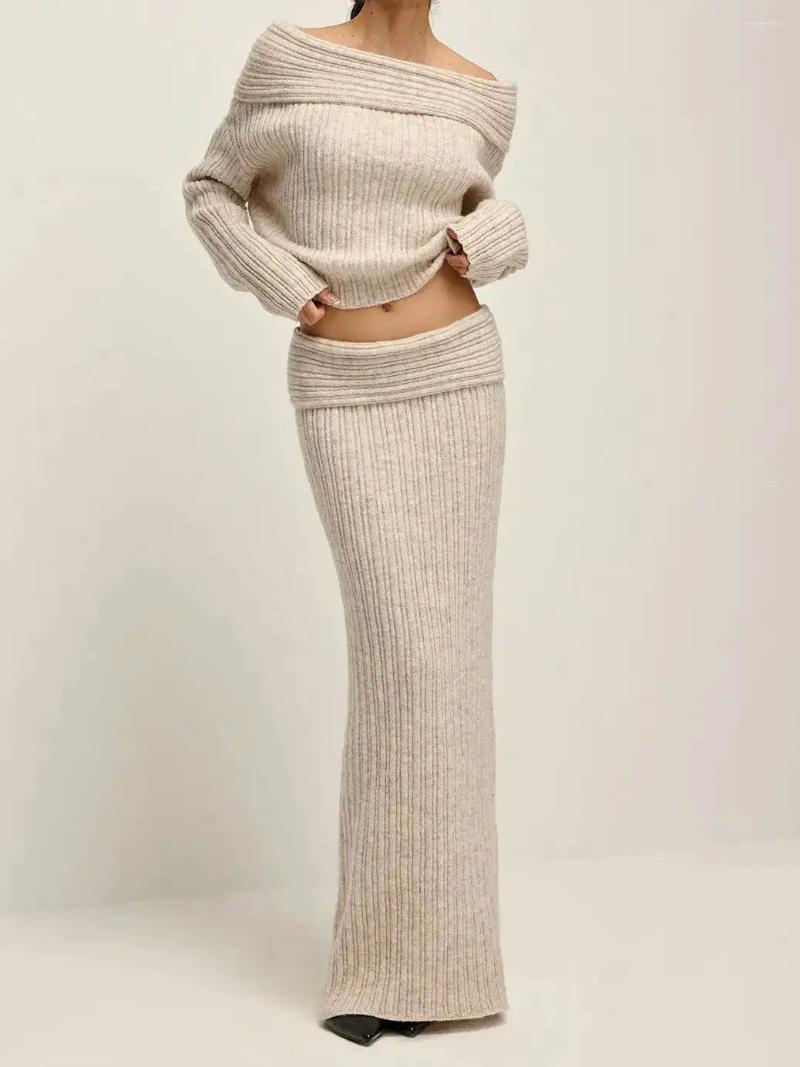Work Dresses Off Shoulder Warm Sweater Co-ords Maxi Skirt Set Grey Melange A Line Long Sleeve Bandage Top Party Dress