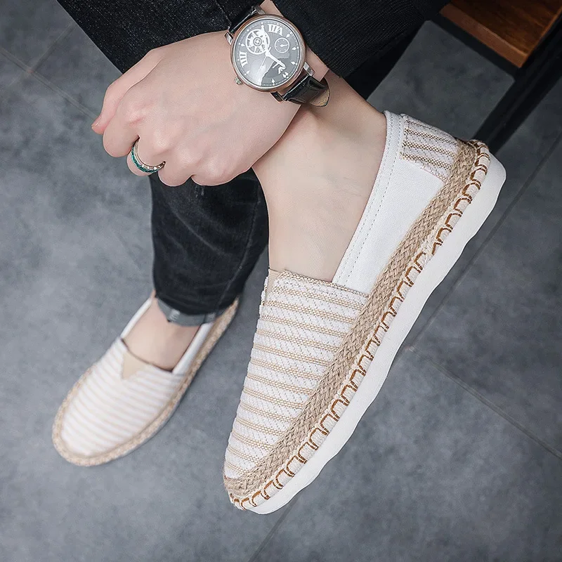 Summer New Men Shoes Fashion Woven Stripes for Comfort Breathable Lightweight Casual Canvas Shoes for Men Zapatos De Hombre