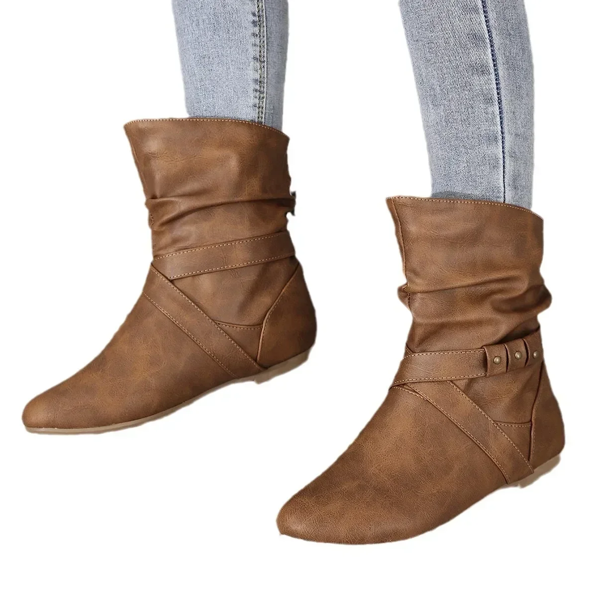 Sole Flat Female Ankle Women Solid Color Wide Calf Short Boots Ladies Slip on Pleated Plus Size 42 Booties Designer Shoes d776