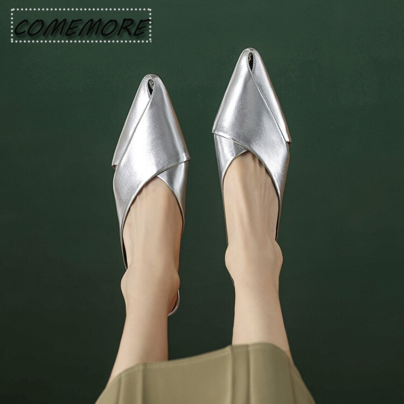 Baotou Half Slippers Female Summer Outside Wearing Pointed High Heels Lazy Silver/golden Stiletto Sandals Female Elegant Fashion