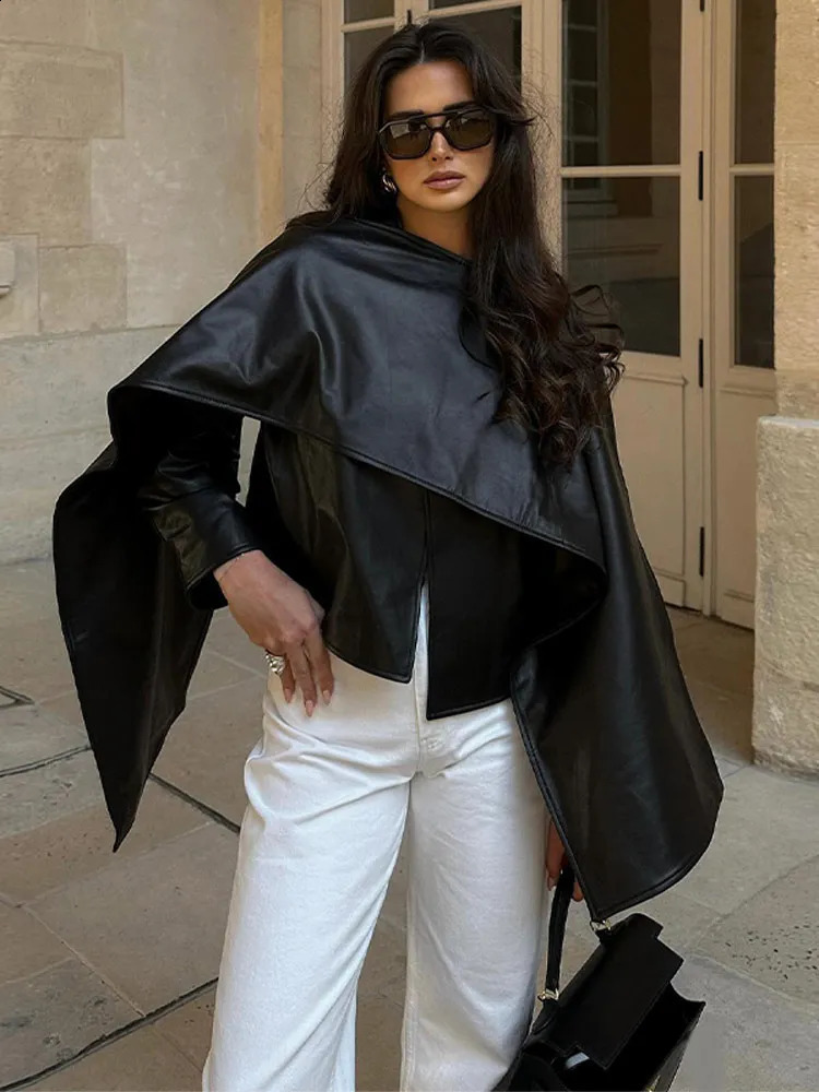 Fashion Pu Leather Cloak Shawl Collar Jacket Elegant Solid Long Sleeves Demiseason For Women 2024 High Streetwear 240903