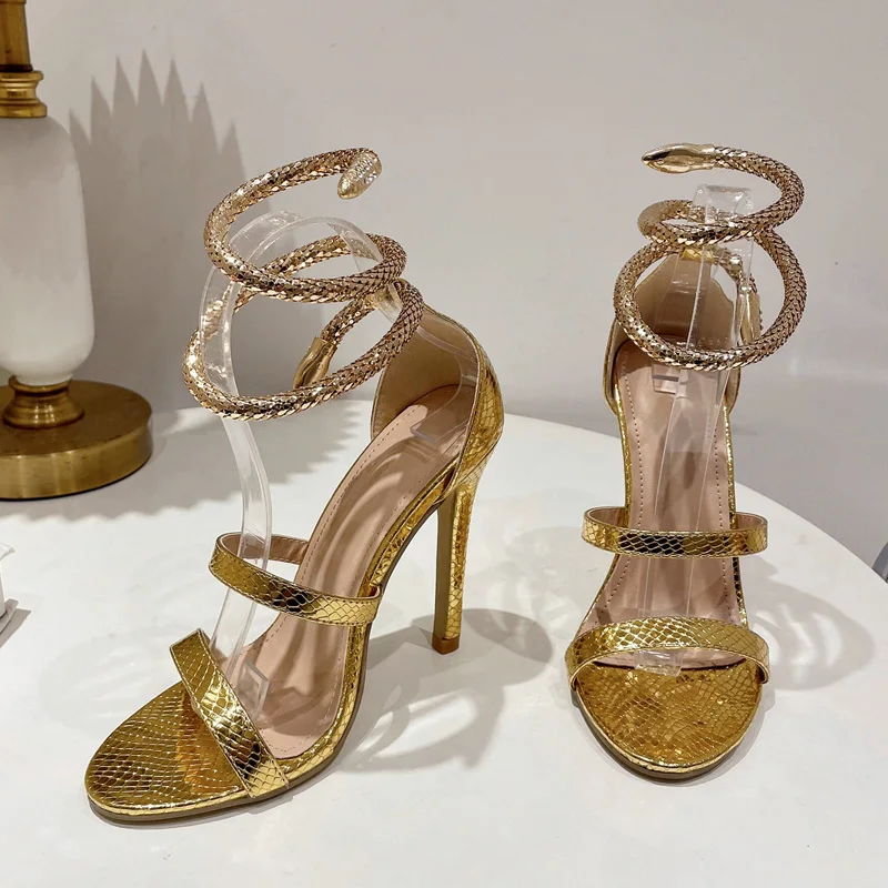 Eilyken Street Style Snake Print Ankle Strap New High Heels Women Sandals 2024 Summer Open Toe Narrow Band Banquet Party Shoes 7783