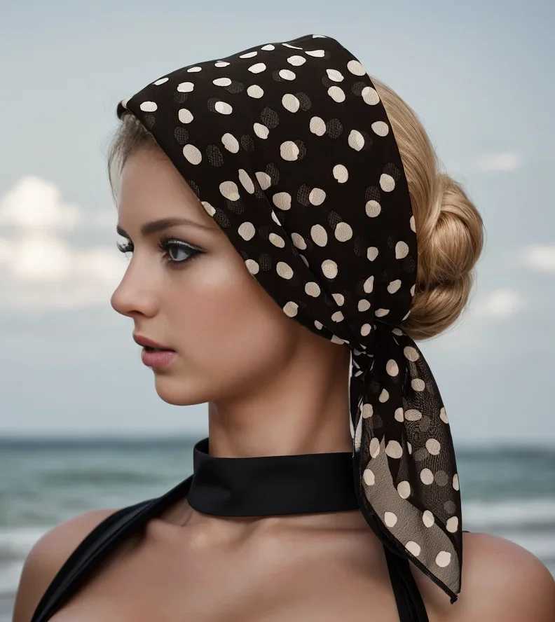 Vintage polka dot montage chiffon square scarf text soft hair collar headscarf for women with hair clip pocket ribbon X250324