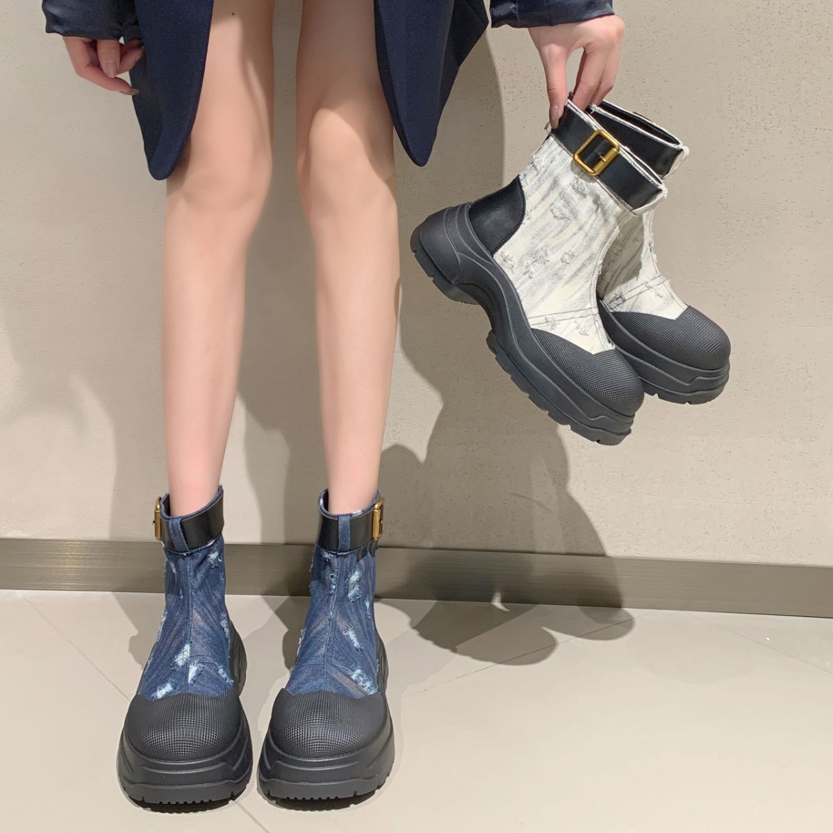 Denim Platform Women 2023 Autumn Winter New Designer Flats Ankle Boots Casual Shoes Goth Motorcycle Botas 5ea6
