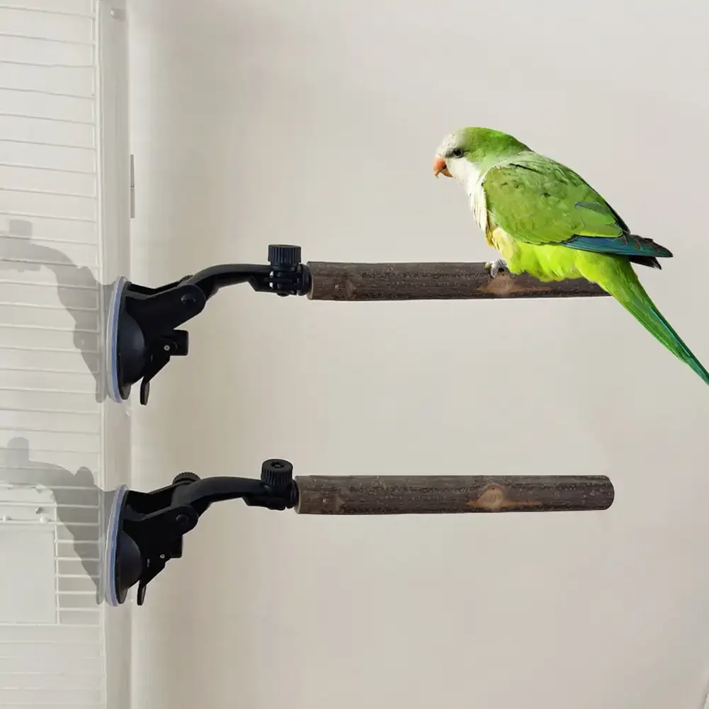 Wood Parrot Perch Prevent Slip Interactive Bird Window Perch Stand with Suction Cups for Small Medium Bird Parrot Toys