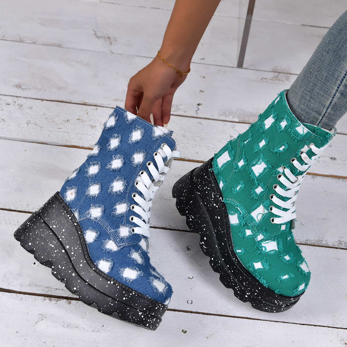 New Canvas Denim Women Shoes Elevated Wedges Short Plus Size 43 Casual Mid Length Boots atos De Mujer 2023 a5b4