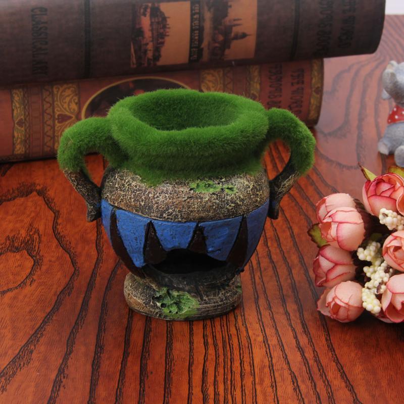 1pc Resin Vase with Moss Aquarium Decoration Accessories for Fish Shrimp Tank Landscape Ornaments