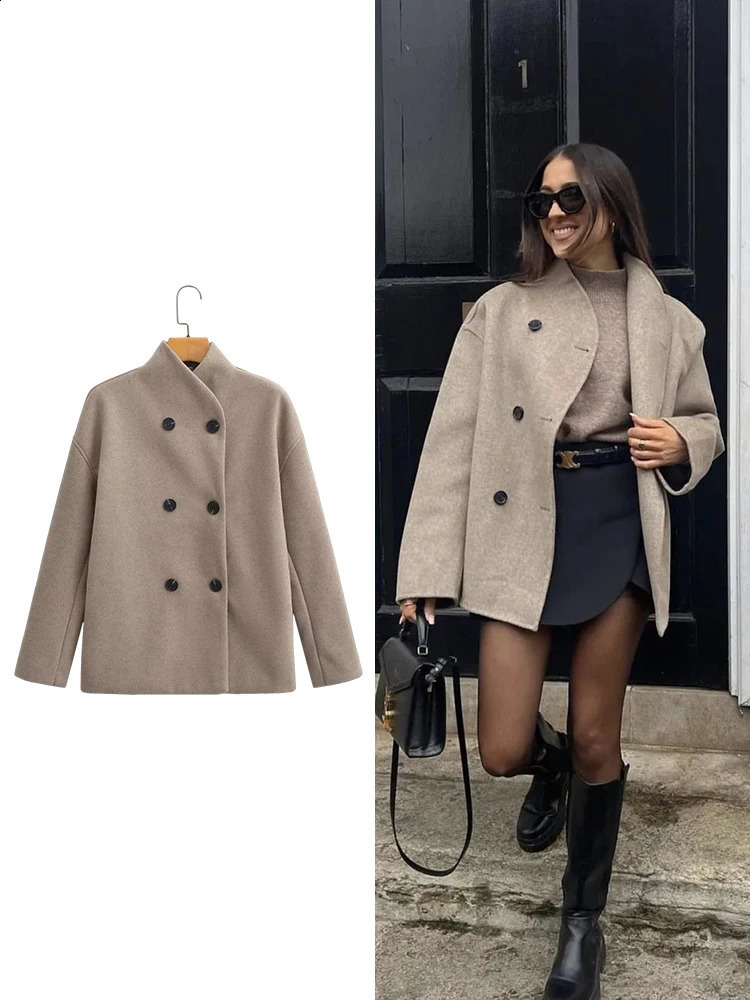 TRAF Womens Short sleeved Double breasted Coarse Fleece Jacket Fashion Long sleeved Stand up Collar Jacket 240902