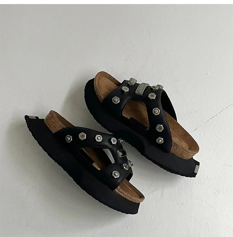 Rock Punk Summer Women Rivets Platform Leather Mules Creative Metal Fittings Slippers Female Casual Sandals Shoe Slides ddcd