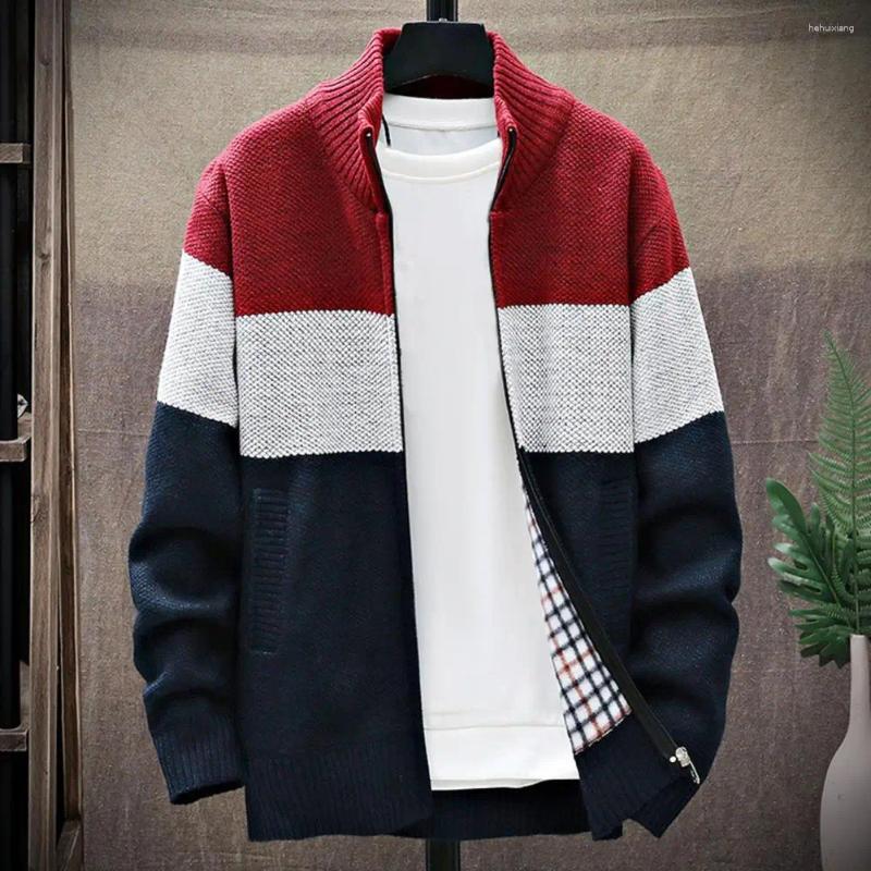 Men's Sweaters, Zip-Up Knitted Coat With Plush Ing, Stand Collar, Color Block Design, Daily Casual Outwear