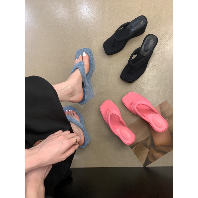 Jeans Denim Thick Soled Platform Flip ps For Women Square Toe Slippers Females New Slides Fashion Trend Summer Shoes