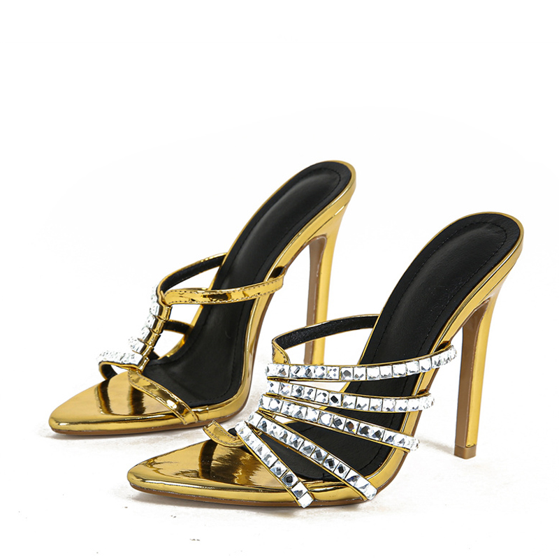 Summer Liyke Fashion New Golden High Heels Modern Slippers For Women Crystal Rhie Narrow Band Sandal Female Party Prom Shoes 3968
