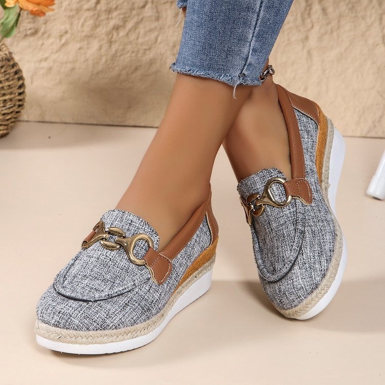 Large size womens 2024 summer new style metal buckle round toe flat casual cloth single shoes 36-42