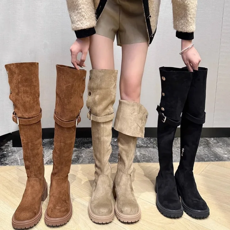 Women Platform Shoes Flat Fur Warm Chelsea Boots New Fashion Suede Over The Knee Boots Short Plush Cotton High Botas 2024