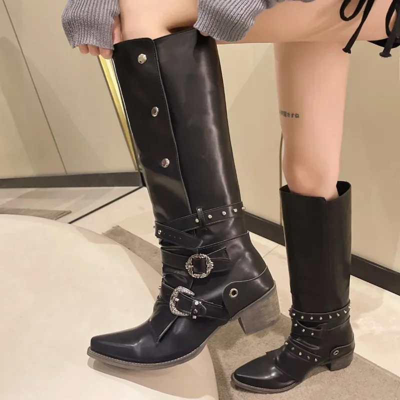 Women Metal Doctor Thick Heeled Black Boots Autumn Pointed Toe Pu Leather Mid Calf Boots Woman Motorcycle Boots Big Size 43
