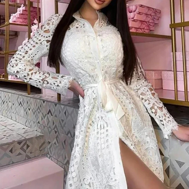 Elegant womens white lace dress with long sleeves single chest embroidered lace up A-line large hem lined shirt dress 240903